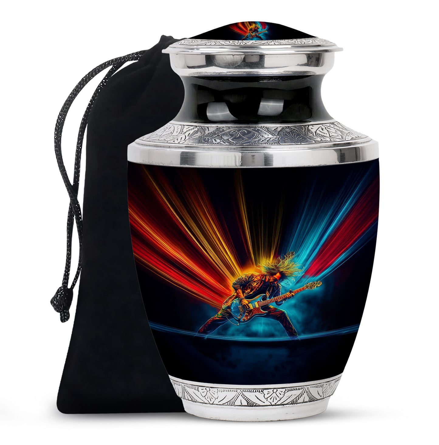 Dark Black Guitar Cremation Urn side profile showing urn shape - artistic guitar interpretation with creative detail - full-size 10 inch 200 cubic inch adult cremation urn