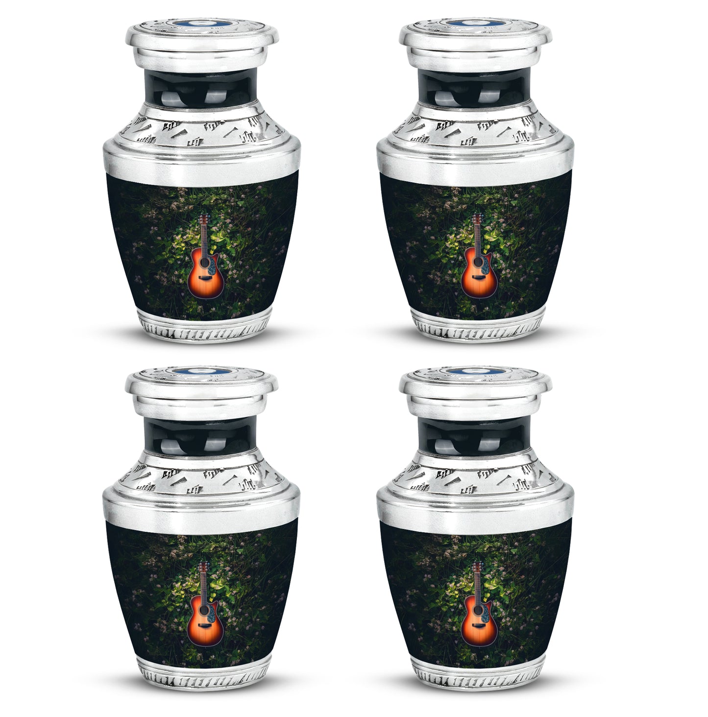 Pine Green Guitar Cremation Urn back view with polished surface - stylized abstract guitar pattern with bold lines - 10 inch aluminum urn for cremated remains