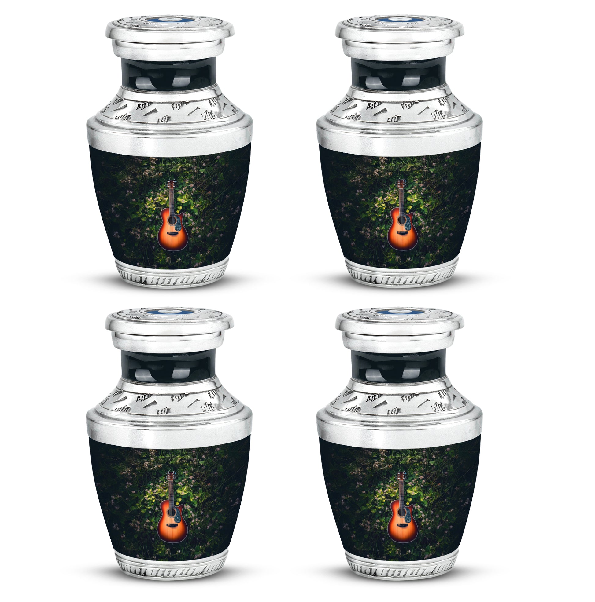 Pine Green Guitar Cremation Urn back view with polished surface - stylized abstract guitar pattern with bold lines - 10 inch aluminum urn for cremated remains