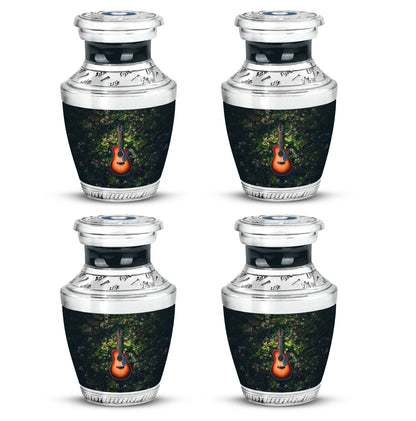 Pine Green Guitar Cremation Urn back view with polished surface - stylized abstract guitar pattern with bold lines - 10 inch aluminum urn for cremated remains