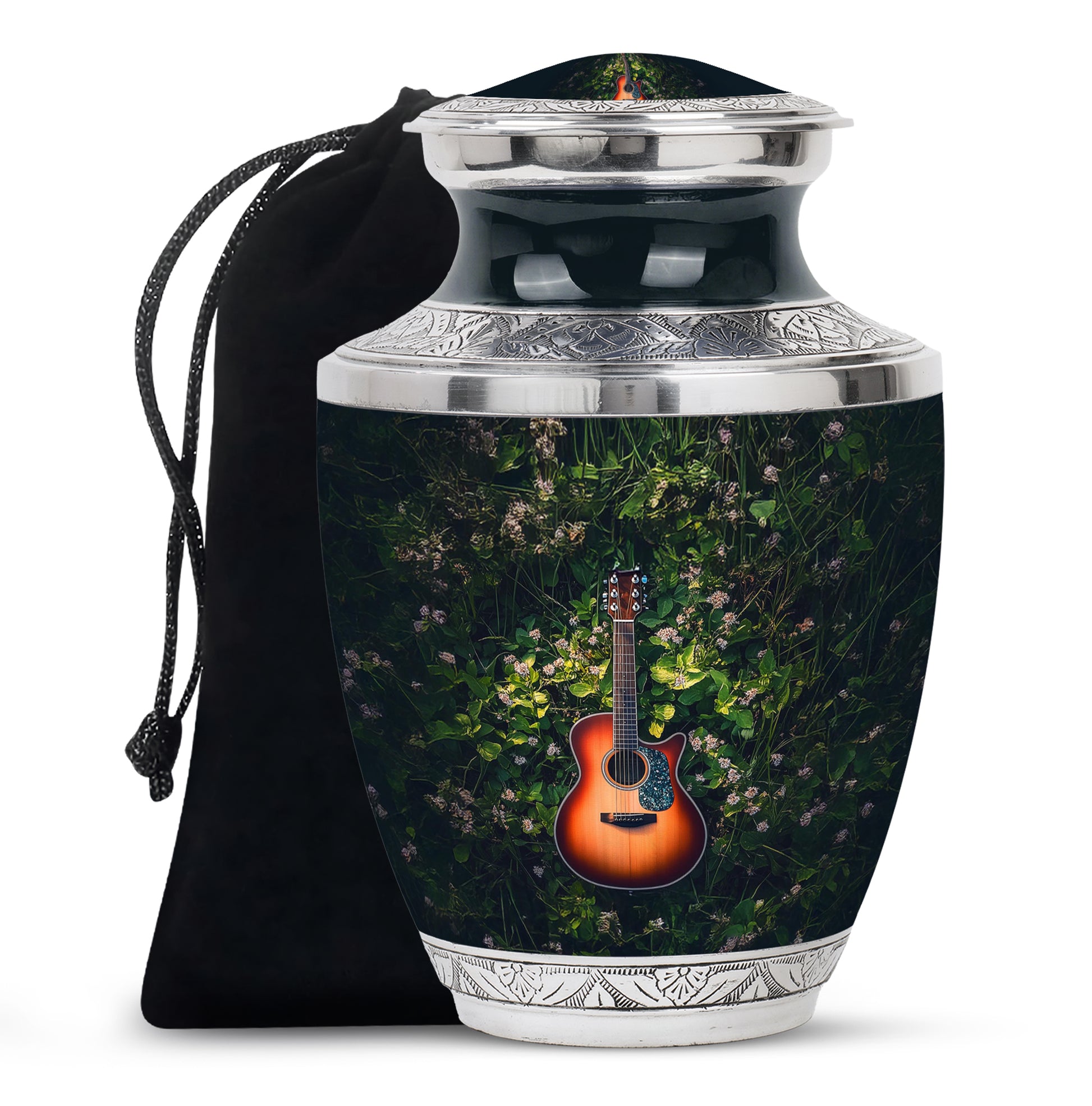 Pine Green Guitar Cremation Urn side profile showing urn shape - stylized abstract guitar pattern with bold lines - full-size 10 inch 200 cubic inch adult cremation urn