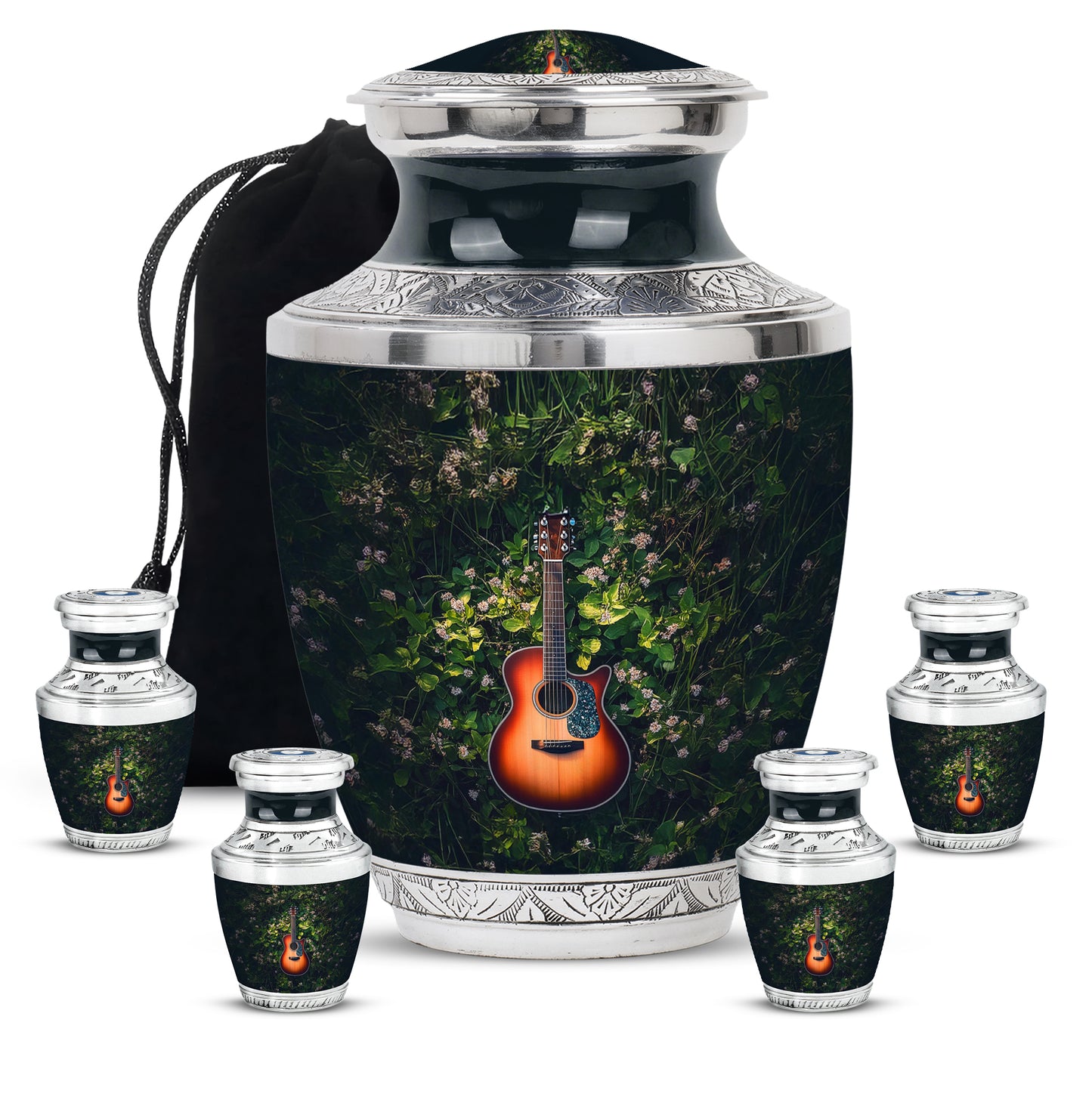 Mint Green Guitar Cremation Urn lifestyle display on memorial shelf - stylized abstract guitar pattern with bold lines - memorial set with one large and four small urns