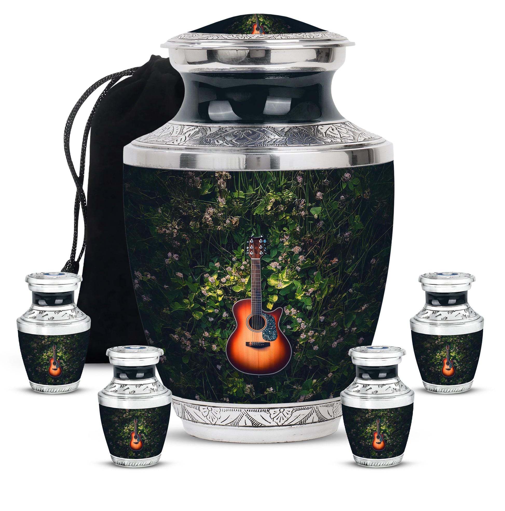 Mint Green Guitar Cremation Urn lifestyle display on memorial shelf - stylized abstract guitar pattern with bold lines - memorial set with one large and four small urns