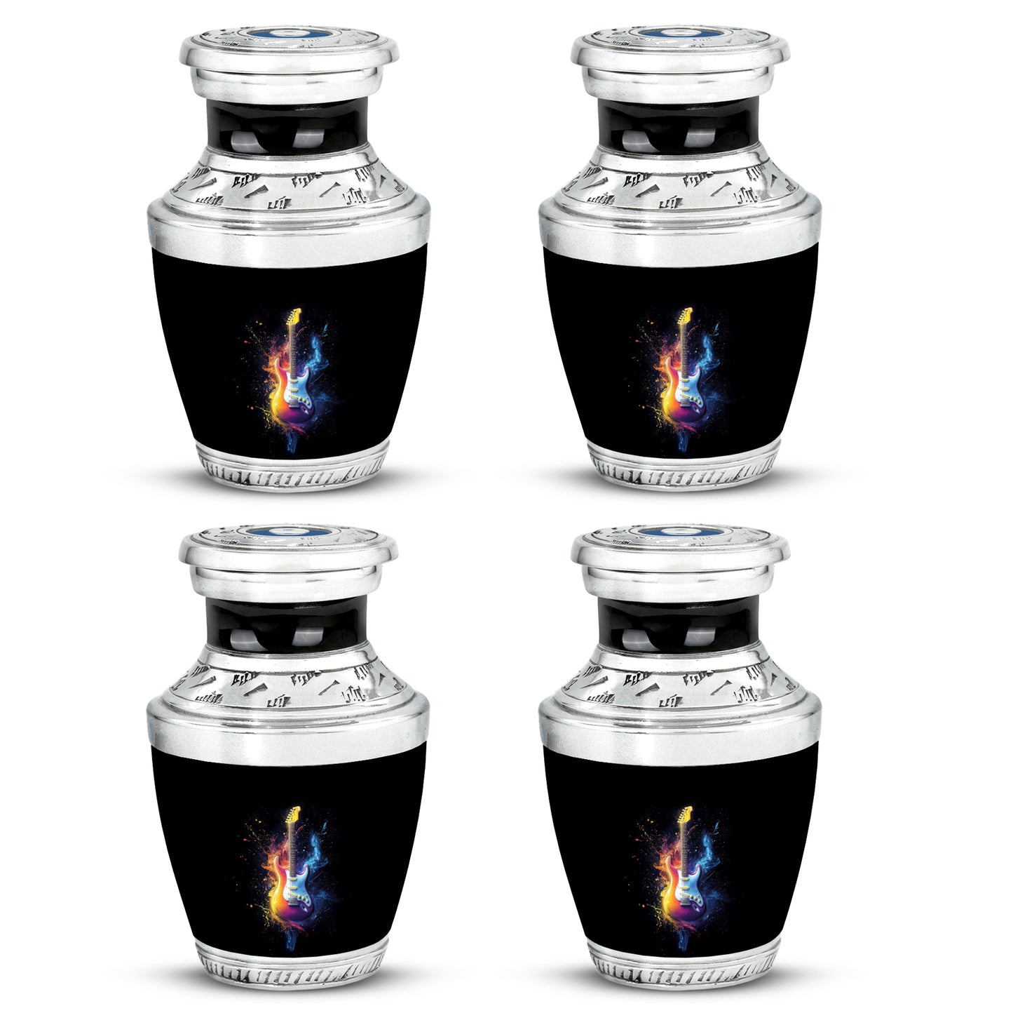 Ebony Guitar Cremation Urn back view with polished surface - contemporary guitar design with modern artistic flair - 10 inch aluminum urn for cremated remains
