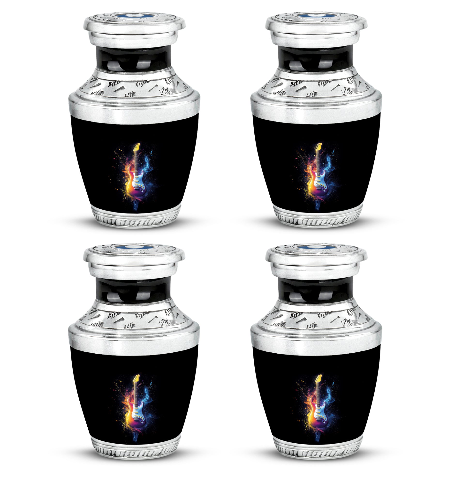 Ebony Guitar Cremation Urn back view with polished surface - contemporary guitar design with modern artistic flair - 10 inch aluminum urn for cremated remains