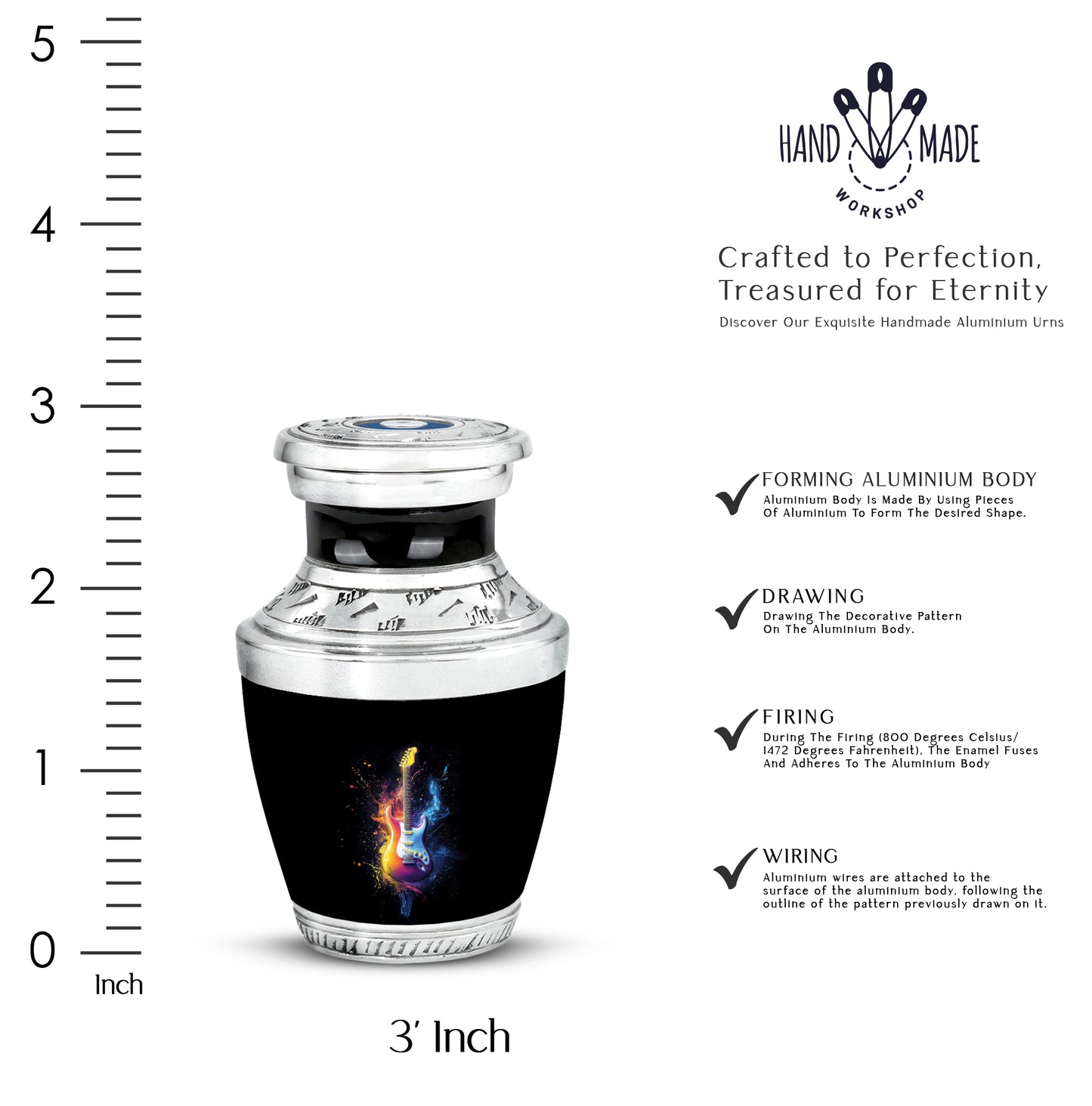 Midnight Black Guitar Cremation Urn top-down view of secure threaded lid - artistic guitar interpretation with creative detail - mini keepsake memorial for portion of cremation ashes