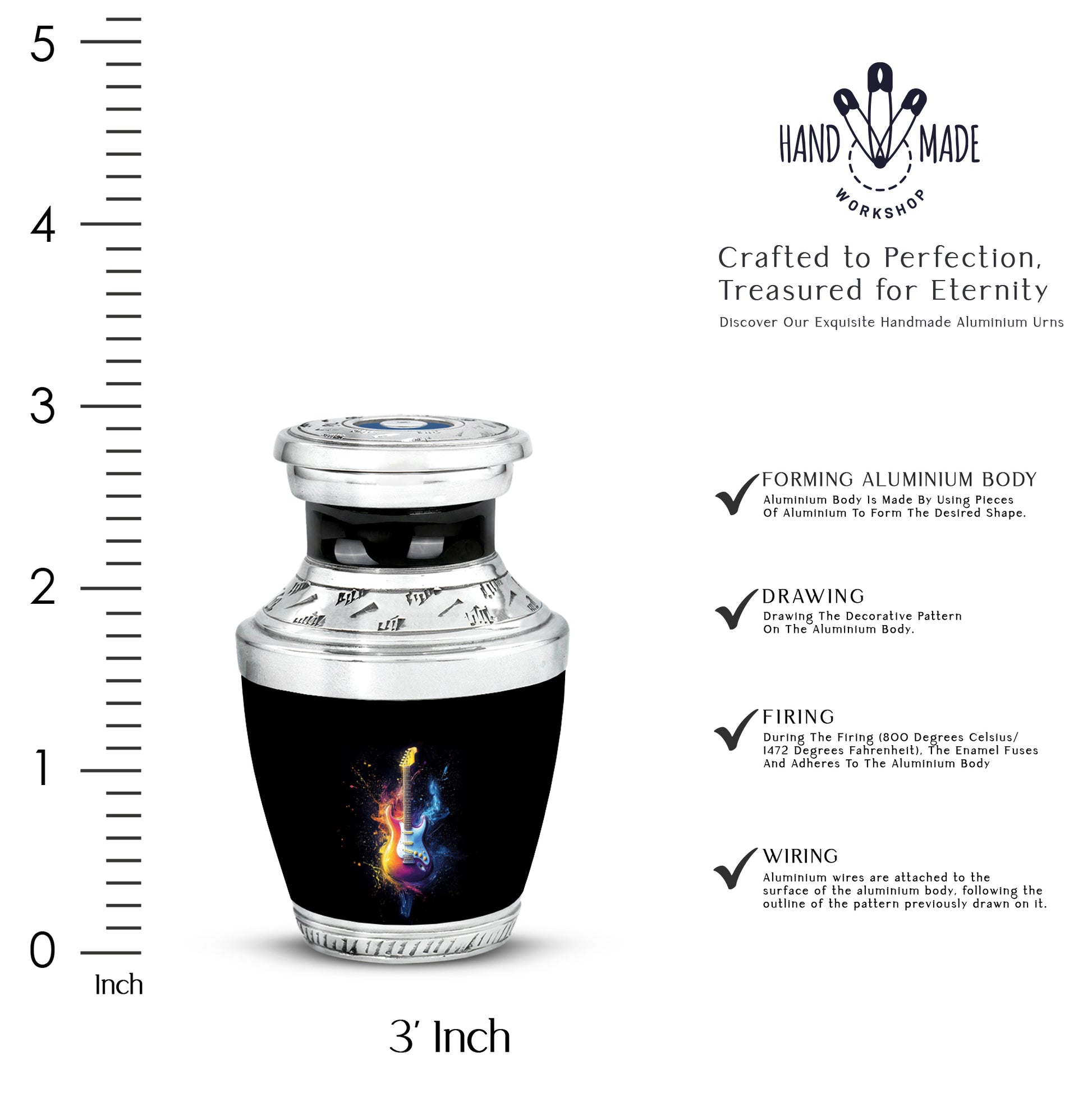 Midnight Black Guitar Cremation Urn top-down view of secure threaded lid - artistic guitar interpretation with creative detail - mini keepsake memorial for portion of cremation ashes