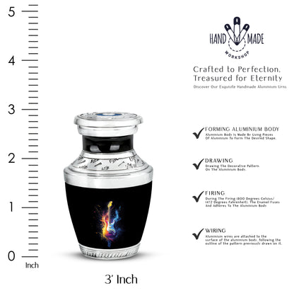 Midnight Black Guitar Cremation Urn top-down view of secure threaded lid - artistic guitar interpretation with creative detail - mini keepsake memorial for portion of cremation ashes