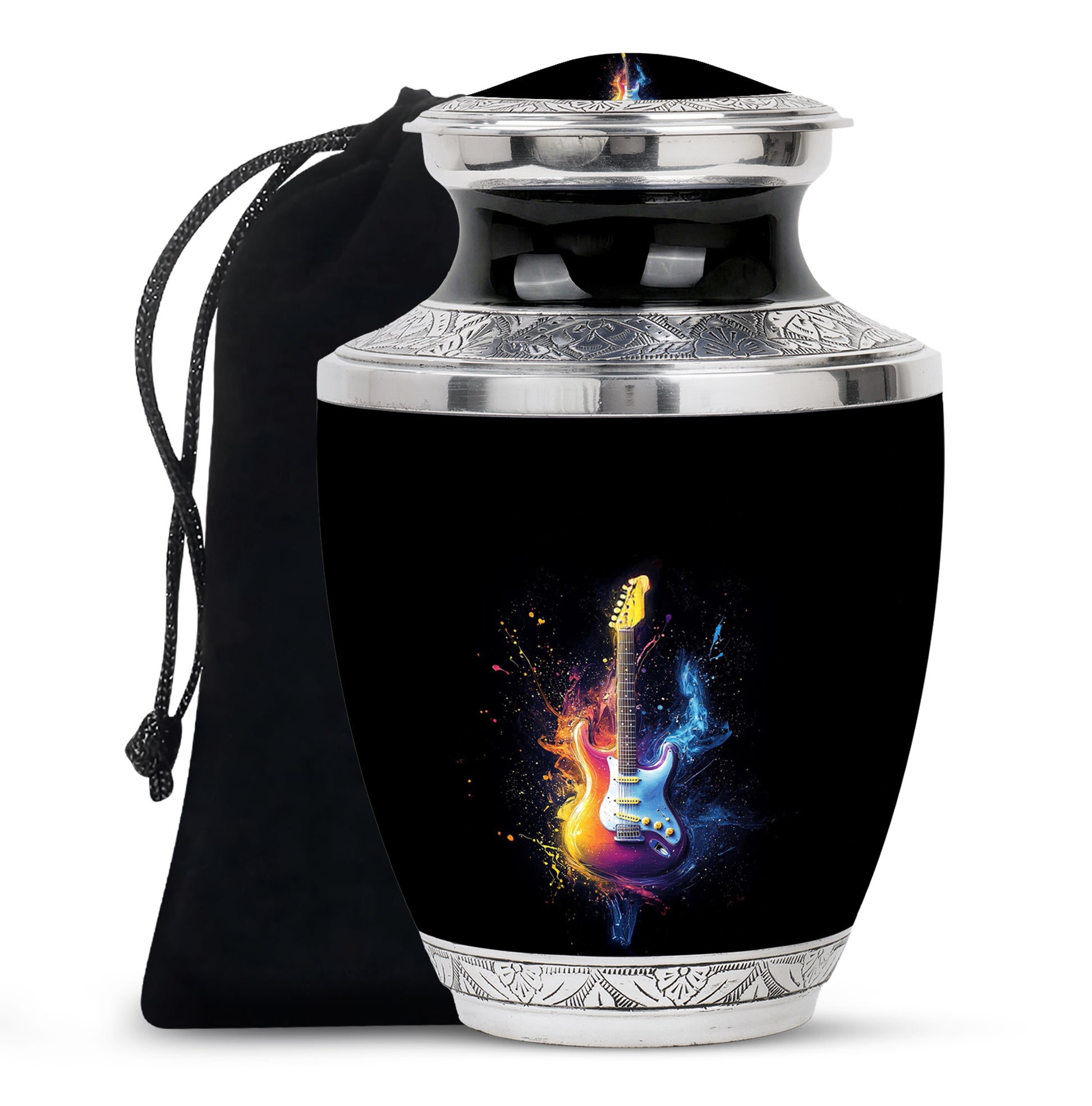 Glossy Black Guitar Cremation Urn side profile showing urn shape - contemporary guitar design with modern artistic flair - full-size 10 inch 200 cubic inch adult cremation urn