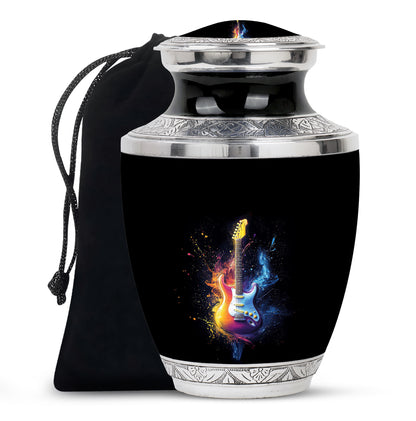 Glossy Black Guitar Cremation Urn side profile showing urn shape - contemporary guitar design with modern artistic flair - full-size 10 inch 200 cubic inch adult cremation urn