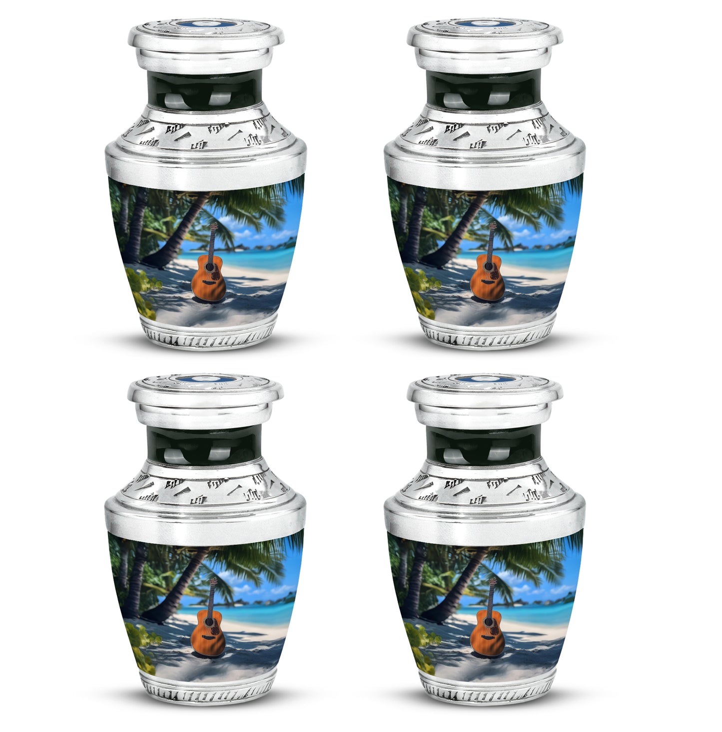 Sky Blue Guitar Cremation Urn back view with polished surface - modern art-inspired guitar motif on sleek aluminum - 10 inch aluminum urn for cremated remains