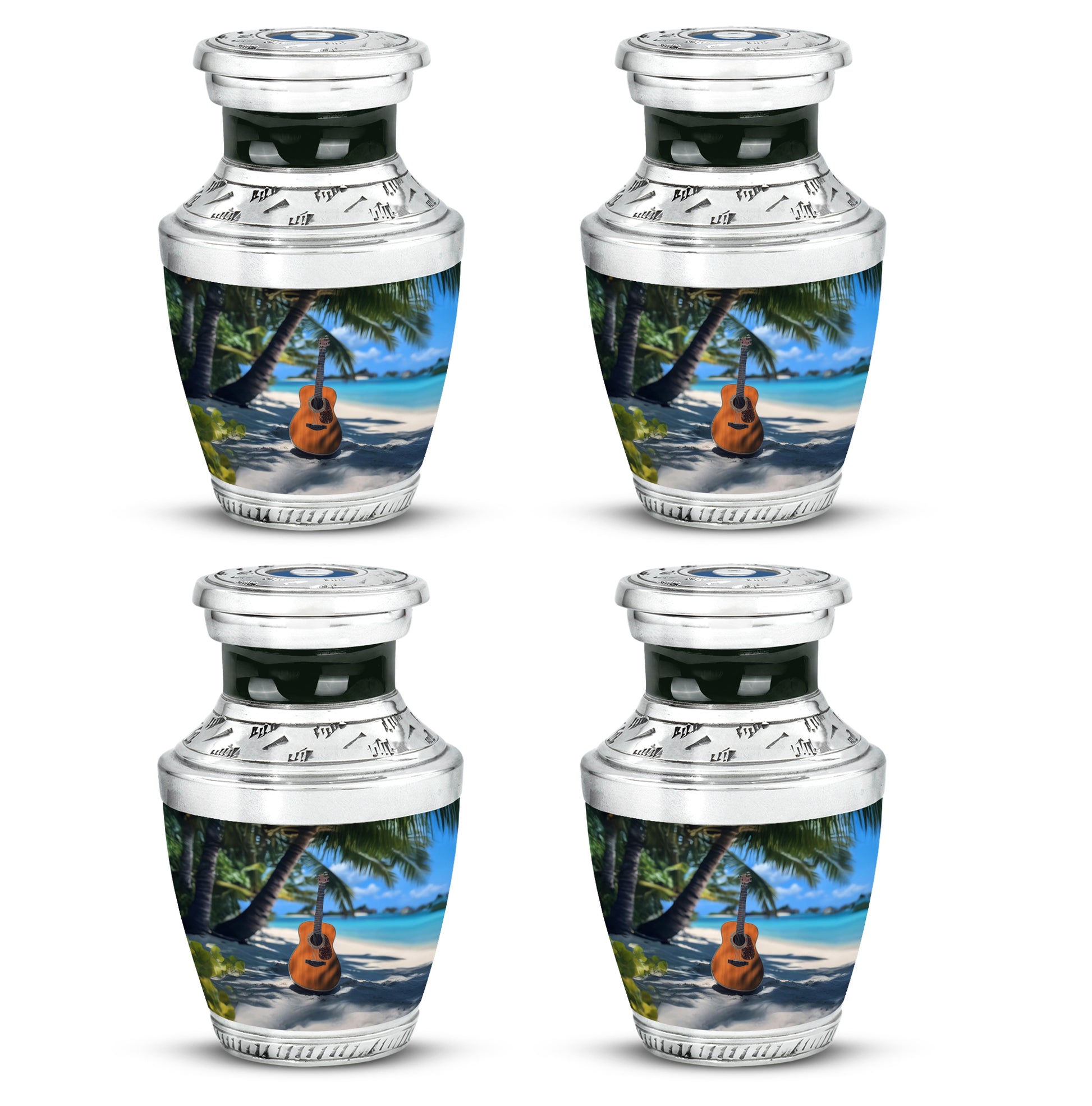 Sky Blue Guitar Cremation Urn back view with polished surface - modern art-inspired guitar motif on sleek aluminum - 10 inch aluminum urn for cremated remains