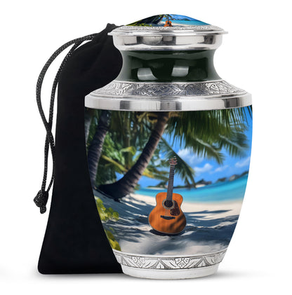 Azure Guitar Cremation Urn side profile showing urn shape - modern art-inspired guitar motif on sleek aluminum - full-size 10 inch 200 cubic inch adult cremation urn