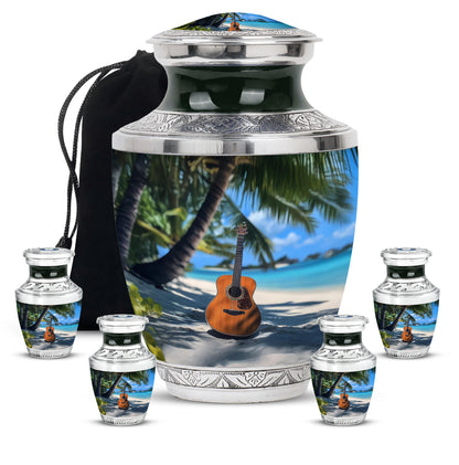 Pastel Blue Guitar Cremation Urn lifestyle display on memorial shelf - modern art-inspired guitar motif on sleek aluminum - memorial set with one large and four small urns