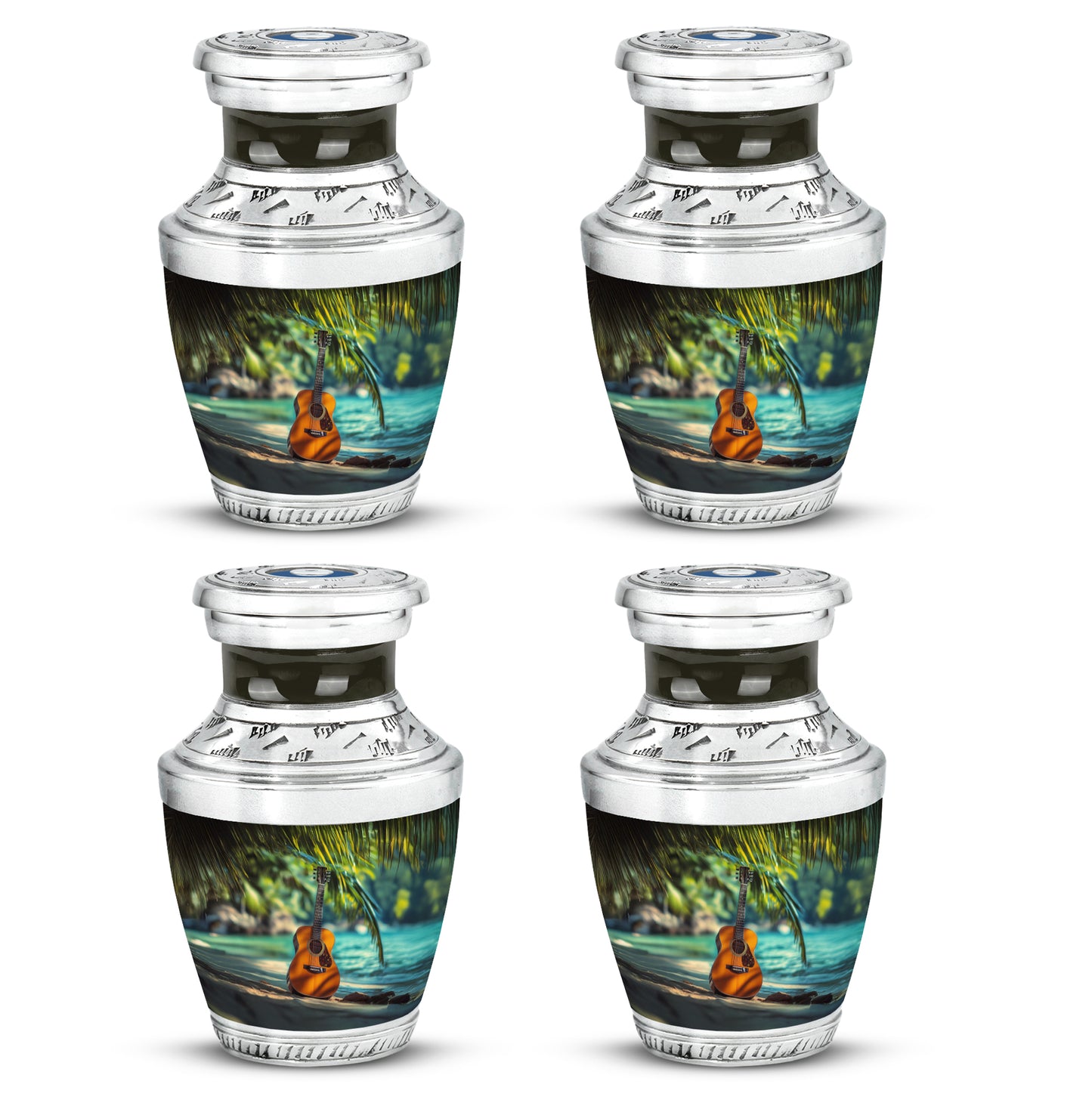 Royal Gold Guitar Cremation Urn back view with polished surface - stylized abstract guitar pattern with bold lines - 10 inch aluminum urn for cremated remains