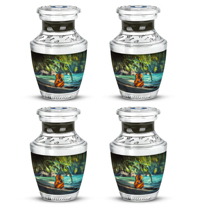 Royal Gold Guitar Cremation Urn back view with polished surface - stylized abstract guitar pattern with bold lines - 10 inch aluminum urn for cremated remains
