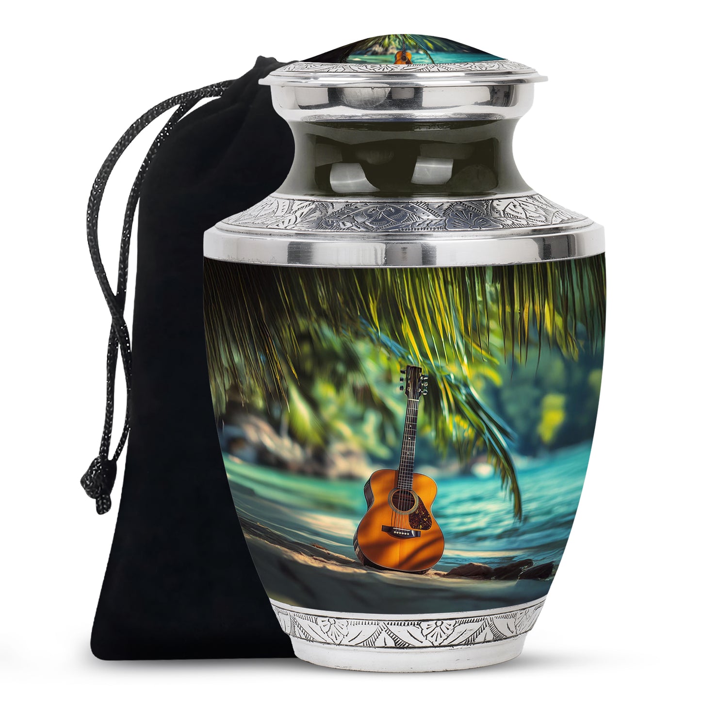 Royal Gold Guitar Cremation Urn side profile showing urn shape - artistic guitar interpretation with creative detail - full-size 10 inch 200 cubic inch adult cremation urn