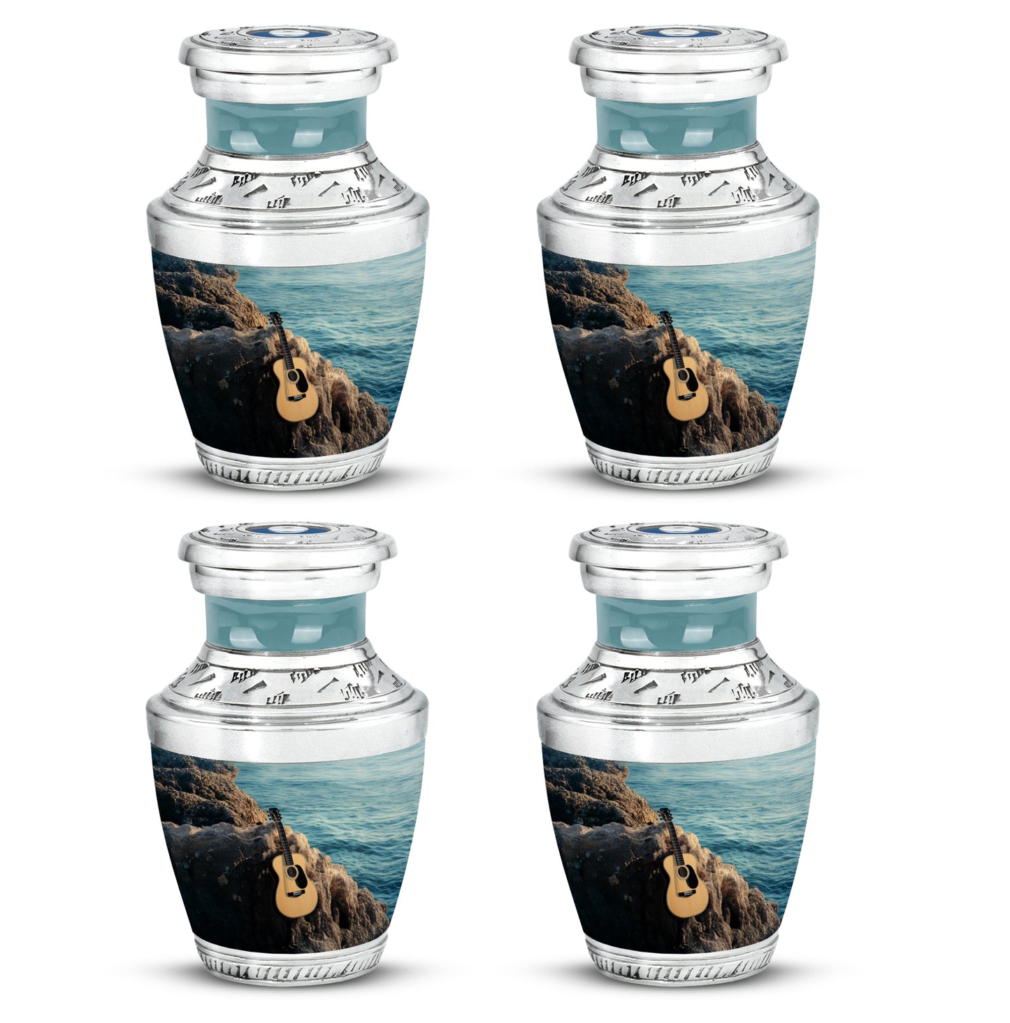 Sea Green Teal Guitar Cremation Urn back view with polished surface - contemporary guitar design with modern artistic flair - 10 inch aluminum urn for cremated remains