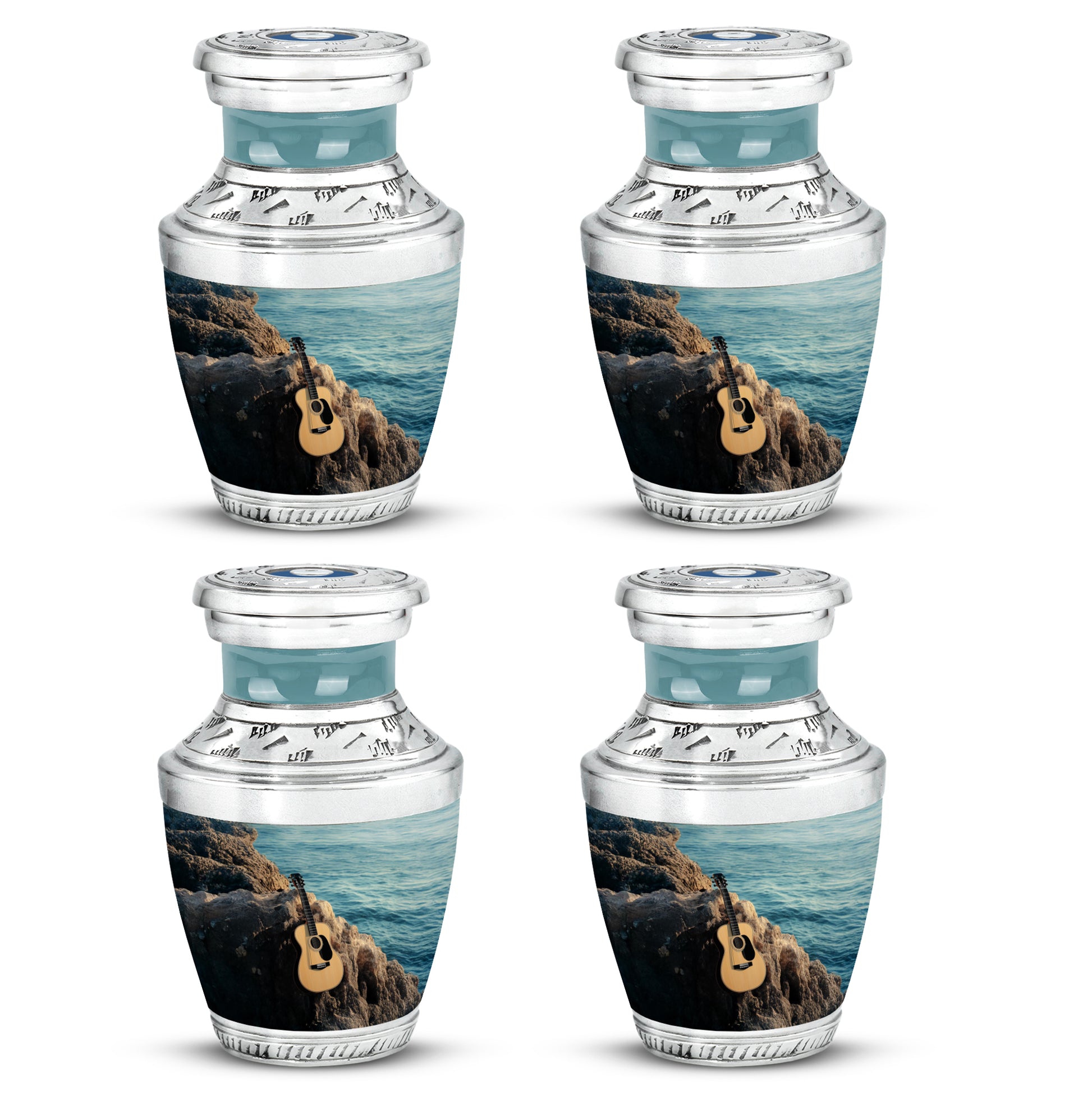 Sea Green Teal Guitar Cremation Urn back view with polished surface - contemporary guitar design with modern artistic flair - 10 inch aluminum urn for cremated remains