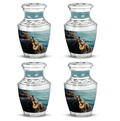 Sea Green Teal Guitar Cremation Urn back view with polished surface - contemporary guitar design with modern artistic flair - 10 inch aluminum urn for cremated remains