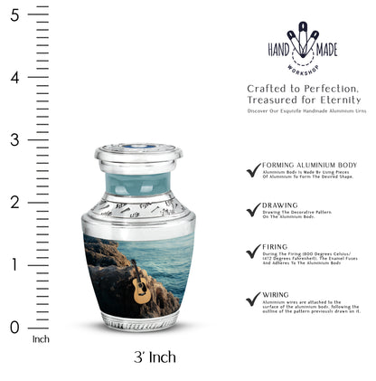 Mystic Teal Guitar Cremation Urn top-down view of secure threaded lid - artistic guitar interpretation with creative detail - mini keepsake memorial for portion of cremation ashes