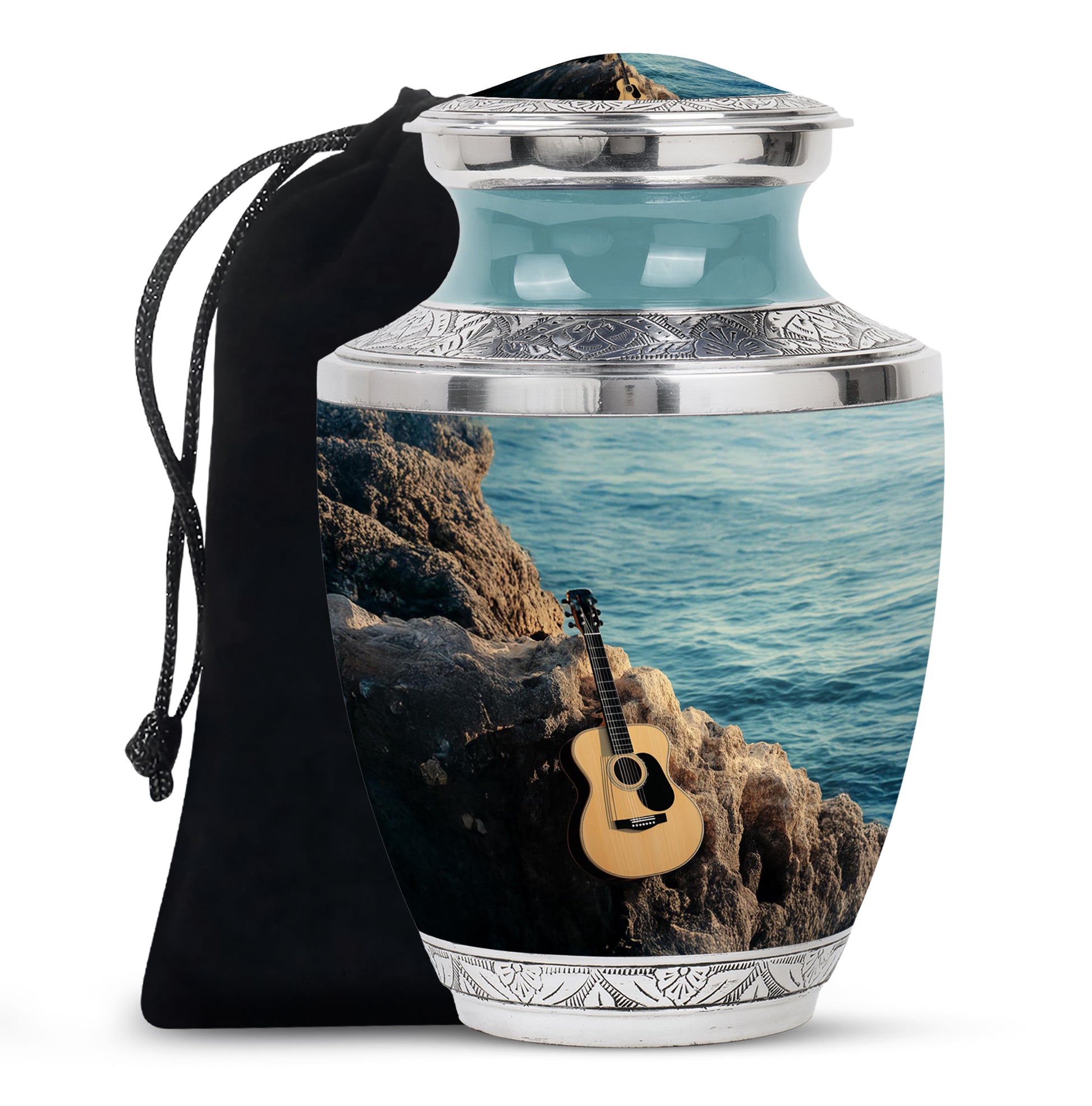 Soft Teal Guitar Cremation Urn side profile showing urn shape - contemporary guitar design with modern artistic flair - full-size 10 inch 200 cubic inch adult cremation urn