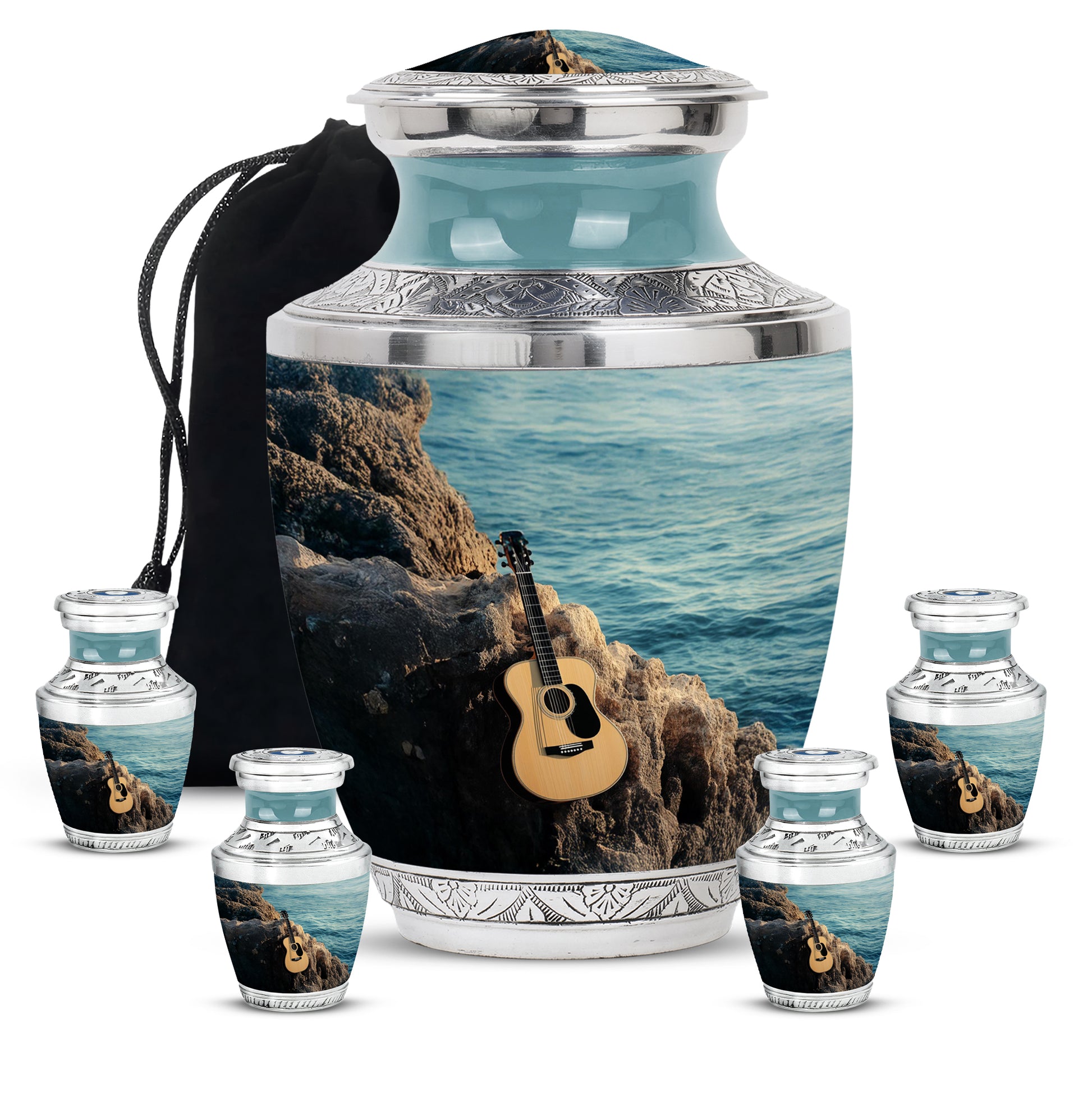 Sea Green Teal Guitar Cremation Urn lifestyle display on memorial shelf - contemporary guitar design with modern artistic flair - memorial set with one large and four small urns