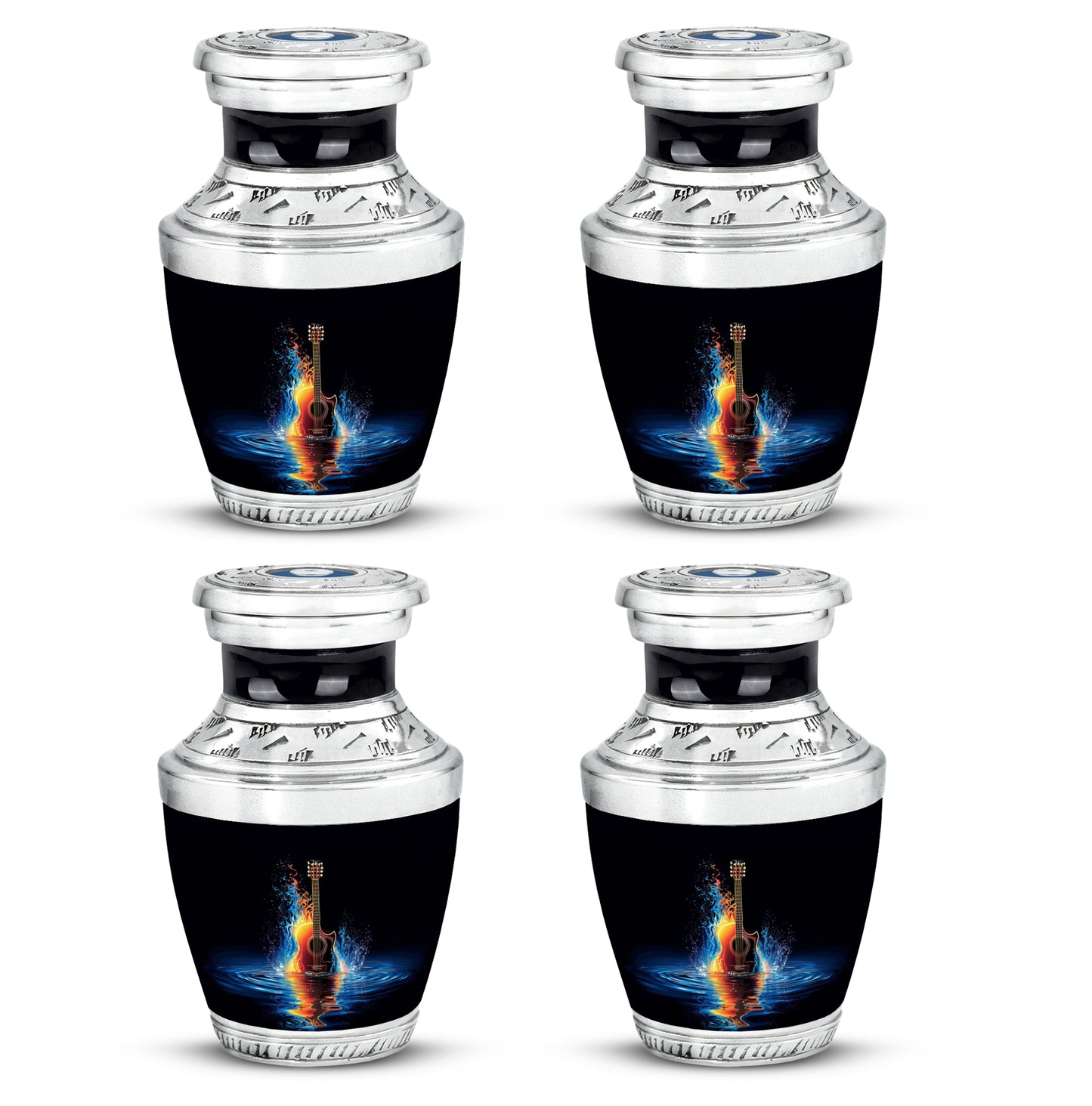 Charcoal Black Guitar Cremation Urn back view with polished surface - artistic guitar interpretation with creative detail - 10 inch aluminum urn for cremated remains
