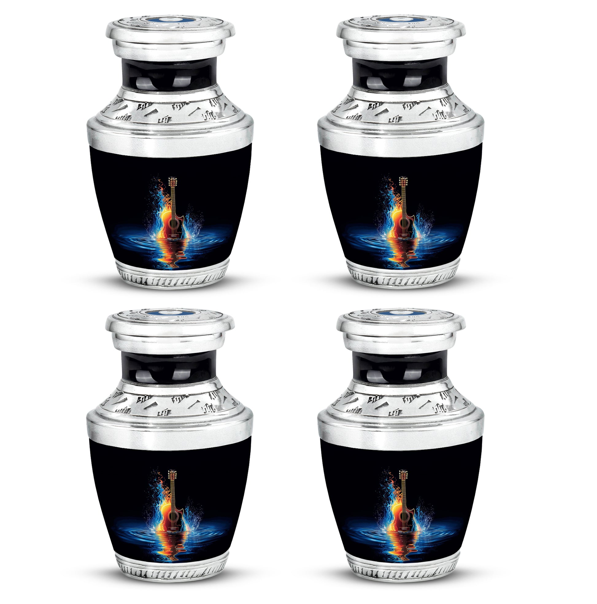 Charcoal Black Guitar Cremation Urn back view with polished surface - artistic guitar interpretation with creative detail - 10 inch aluminum urn for cremated remains