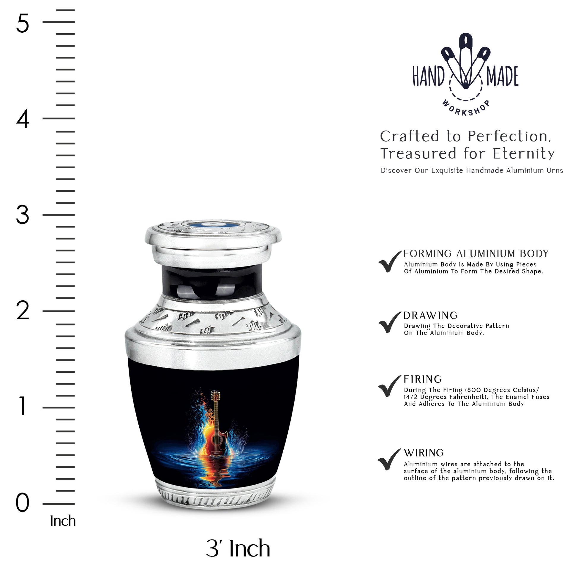 Glossy Black Guitar Cremation Urn top-down view of secure threaded lid - contemporary guitar design with modern artistic flair - mini keepsake memorial for portion of cremation ashes