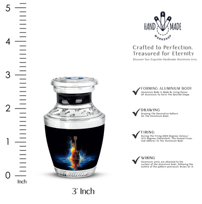 Glossy Black Guitar Cremation Urn top-down view of secure threaded lid - contemporary guitar design with modern artistic flair - mini keepsake memorial for portion of cremation ashes