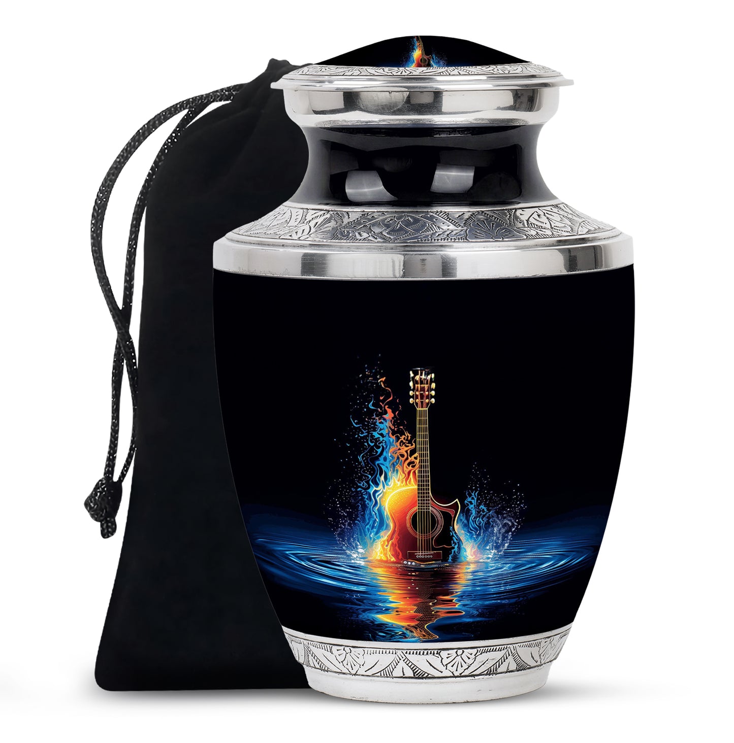 Charcoal Black Guitar Cremation Urn side profile showing urn shape - stylized abstract guitar pattern with bold lines - full-size 10 inch 200 cubic inch adult cremation urn
