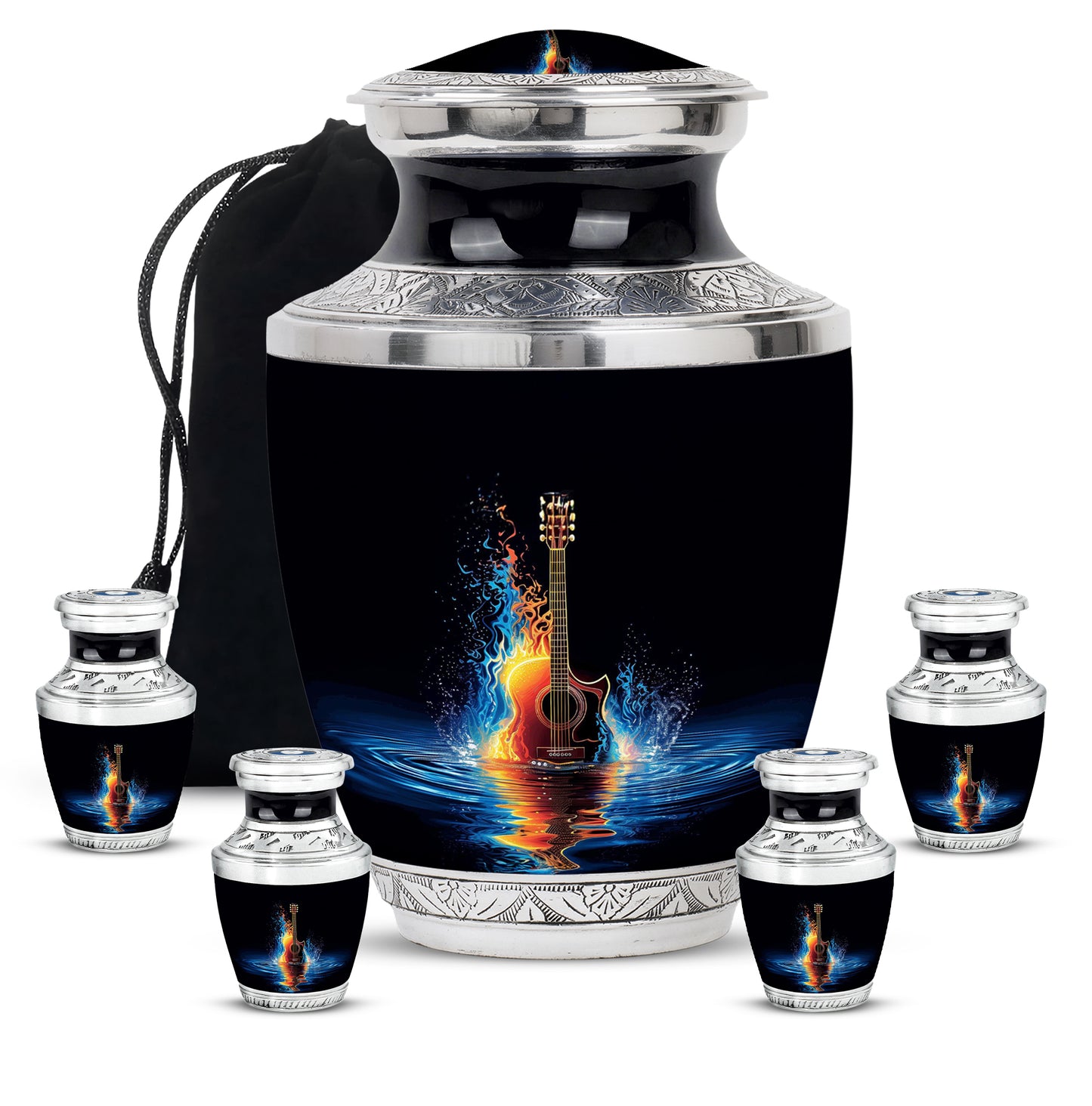 Obsidian Black Guitar Cremation Urn lifestyle display on memorial shelf - stylized abstract guitar pattern with bold lines - memorial set with one large and four small urns