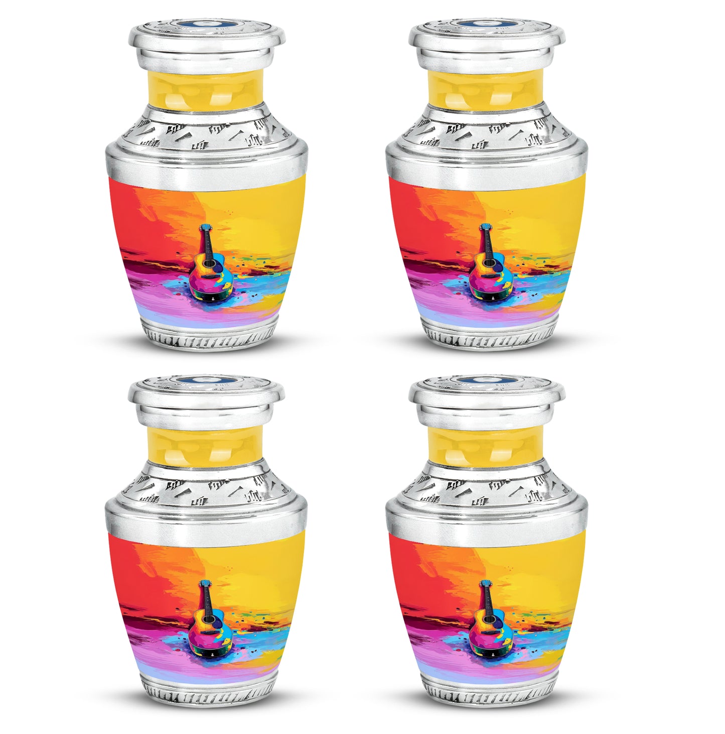 Harvest Gold Guitar Cremation Urn back view with polished surface - stylized abstract guitar pattern with bold lines - 10 inch aluminum urn for cremated remains