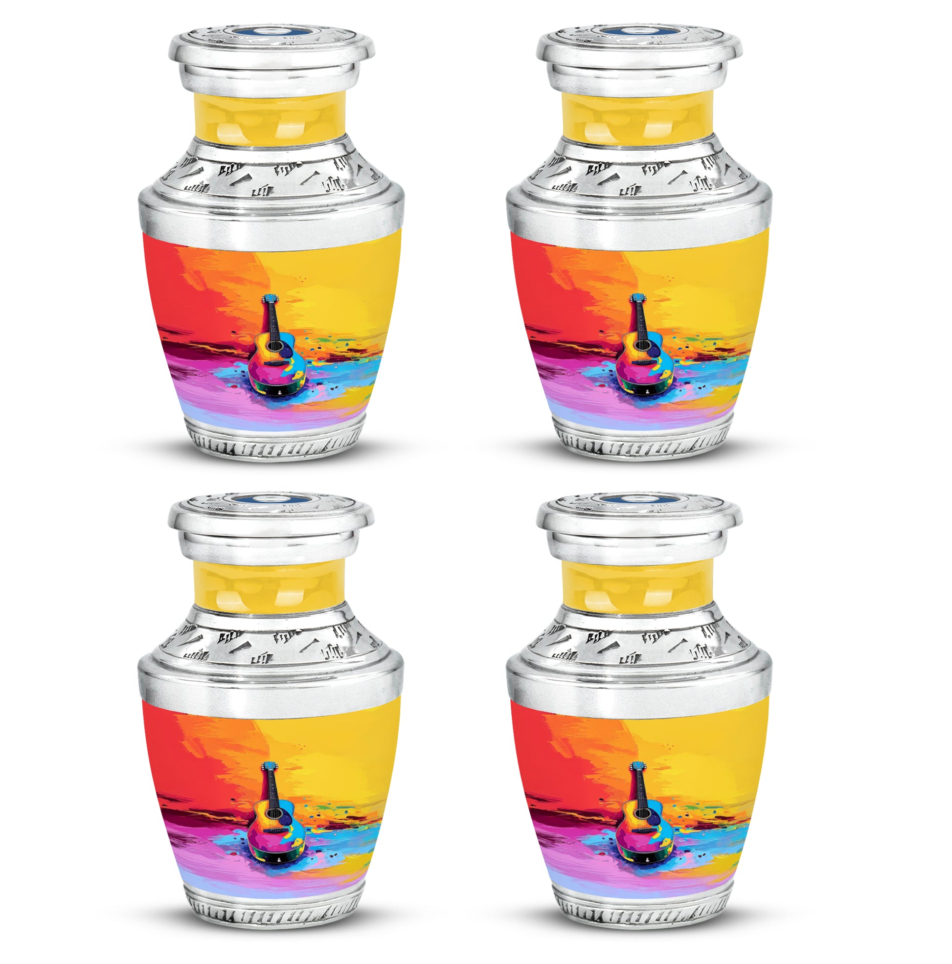 Harvest Gold Guitar Cremation Urn back view with polished surface - stylized abstract guitar pattern with bold lines - 10 inch aluminum urn for cremated remains