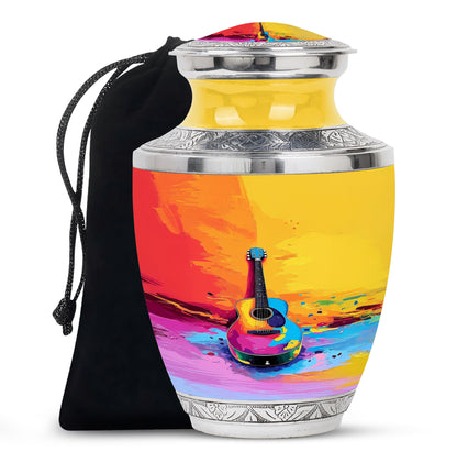 Champagne Gold Guitar Cremation Urn side profile showing urn shape - contemporary guitar design with modern artistic flair - full-size 10 inch 200 cubic inch adult cremation urn
