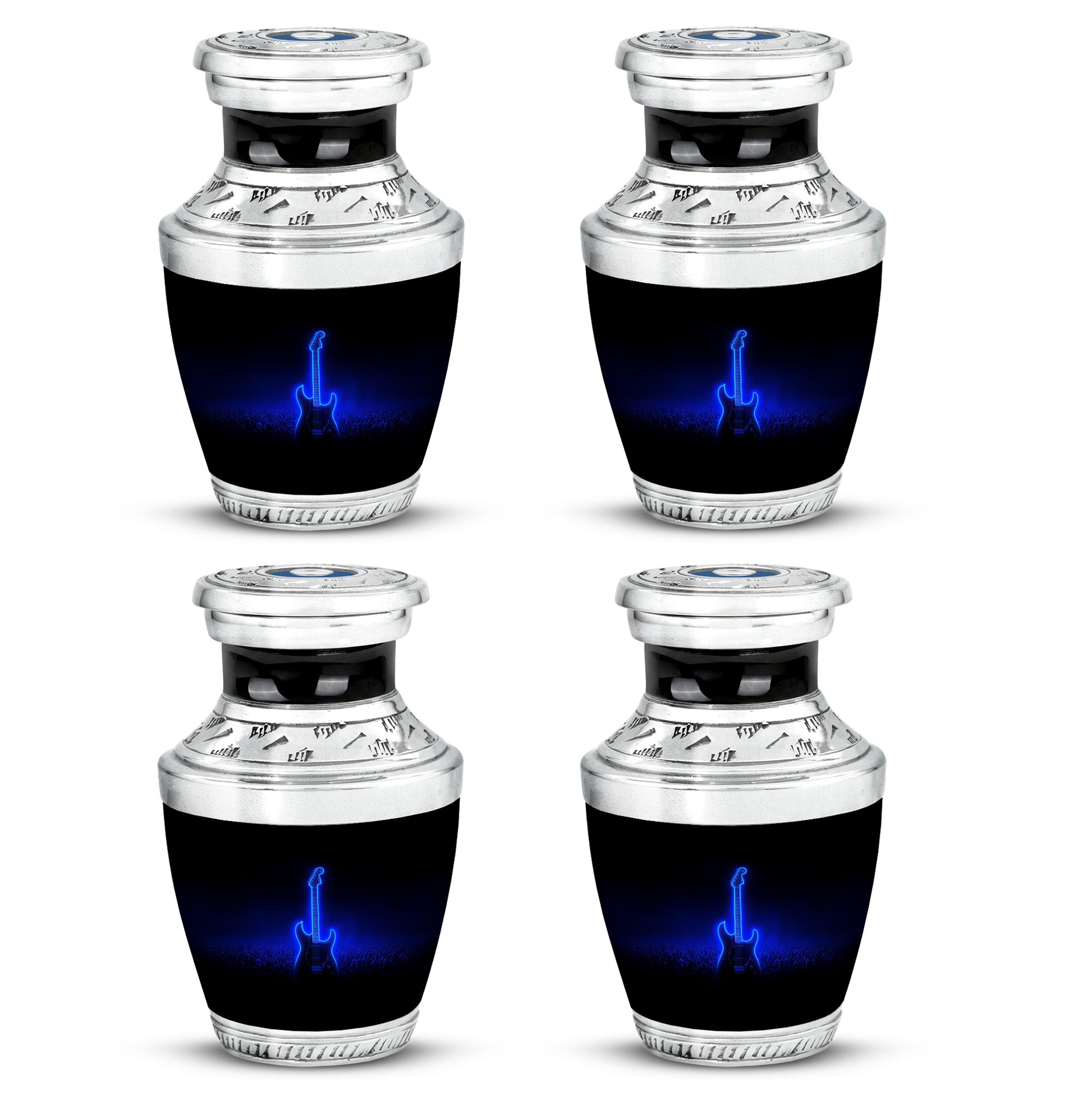 Dark Black Guitar Cremation Urn back view with polished surface - stylized abstract guitar pattern with bold lines - 10 inch aluminum urn for cremated remains