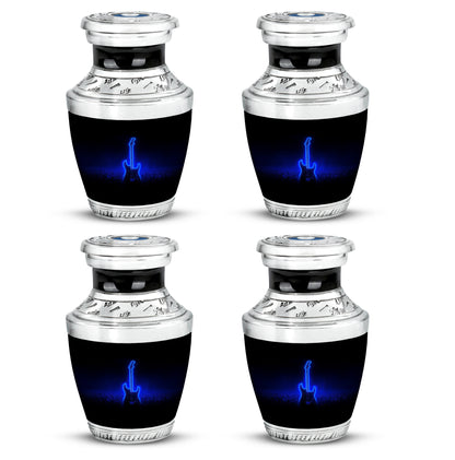 Dark Black Guitar Cremation Urn back view with polished surface - stylized abstract guitar pattern with bold lines - 10 inch aluminum urn for cremated remains