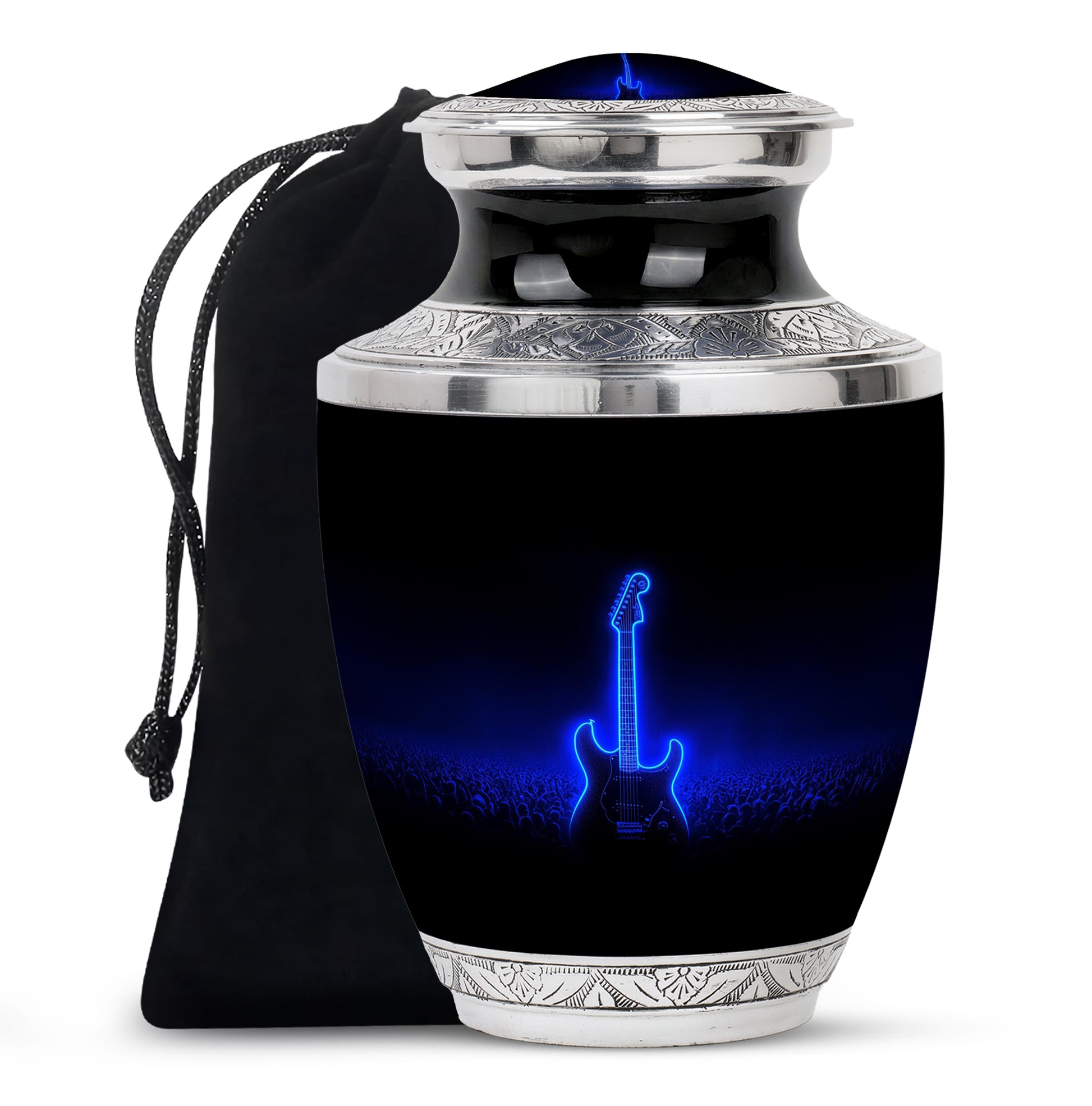 Deep Black Guitar Cremation Urn side profile showing urn shape - contemporary guitar design with modern artistic flair - full-size 10 inch 200 cubic inch adult cremation urn