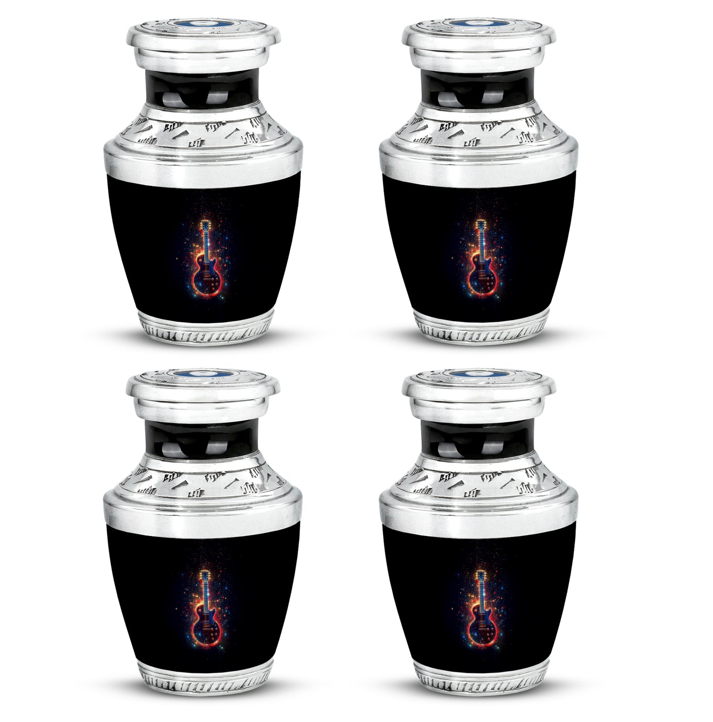 Rich Black Guitar Cremation Urn back view with polished surface - modern art-inspired guitar motif on sleek aluminum - 10 inch aluminum urn for cremated remains