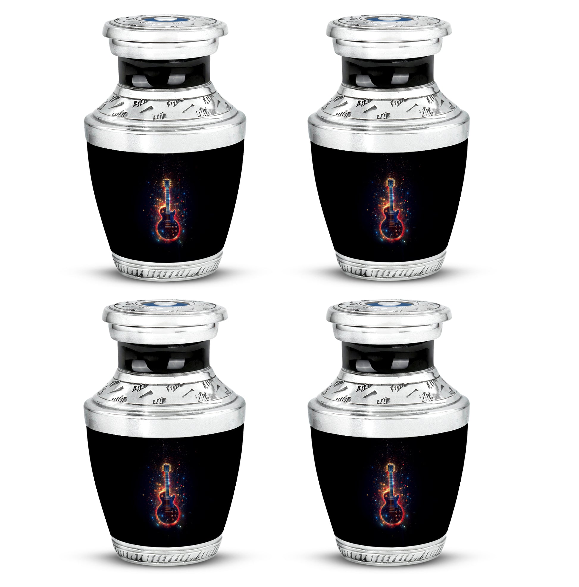 Rich Black Guitar Cremation Urn back view with polished surface - modern art-inspired guitar motif on sleek aluminum - 10 inch aluminum urn for cremated remains