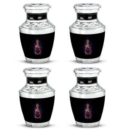 Rich Black Guitar Cremation Urn back view with polished surface - modern art-inspired guitar motif on sleek aluminum - 10 inch aluminum urn for cremated remains