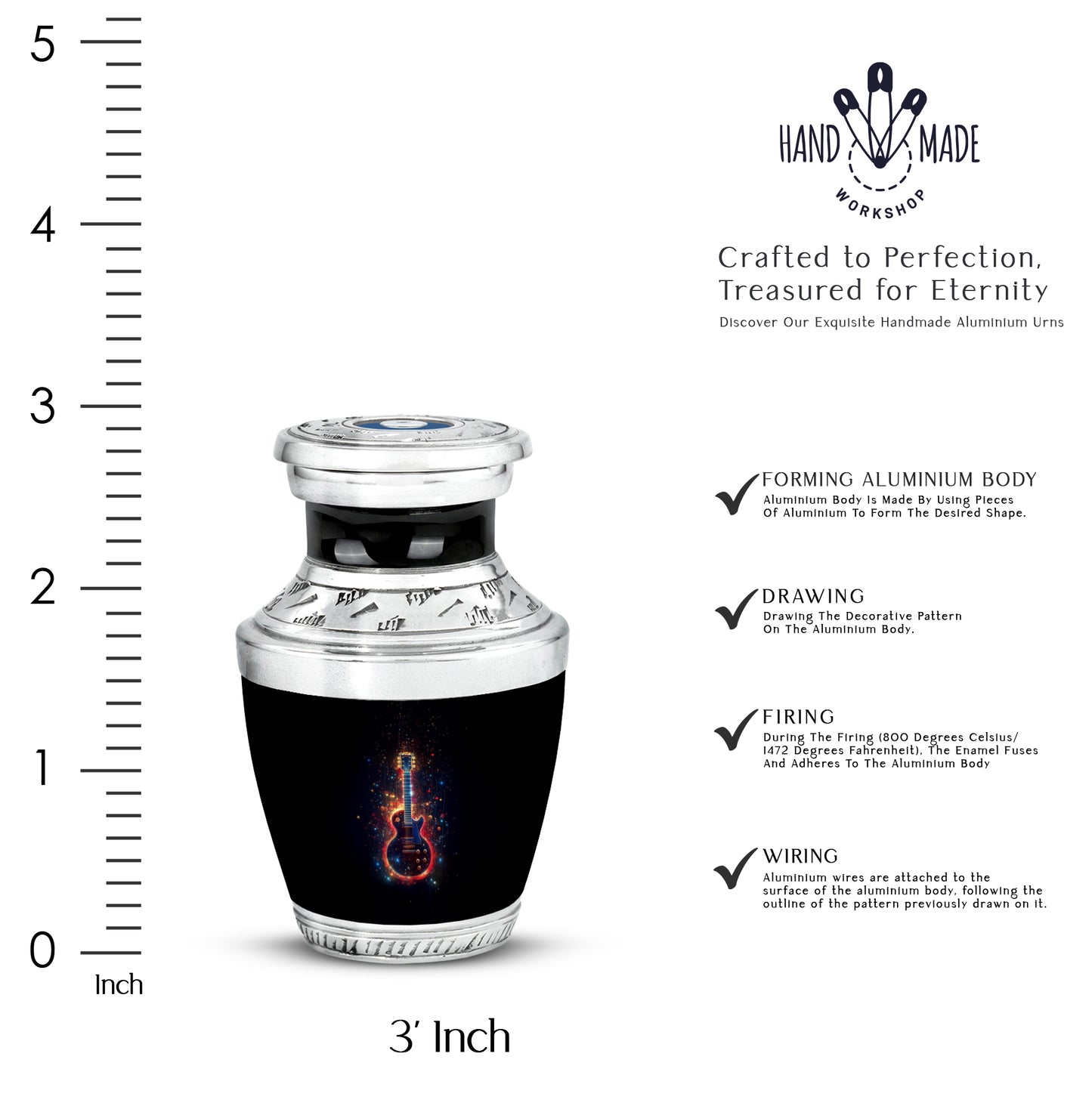 Jet Black Guitar Cremation Urn top-down view of secure threaded lid - modern art-inspired guitar motif on sleek aluminum - mini keepsake memorial for portion of cremation ashes