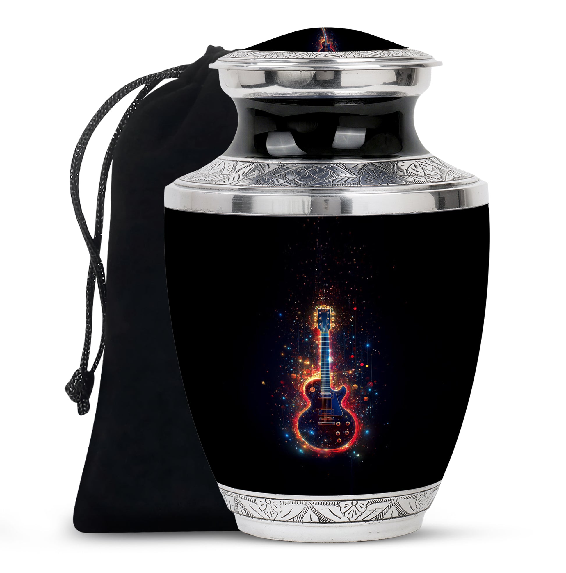 Obsidian Black Guitar Cremation Urn side profile showing urn shape - artistic guitar interpretation with creative detail - full-size 10 inch 200 cubic inch adult cremation urn