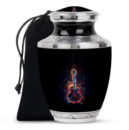 Obsidian Black Guitar Cremation Urn side profile showing urn shape - artistic guitar interpretation with creative detail - full-size 10 inch 200 cubic inch adult cremation urn