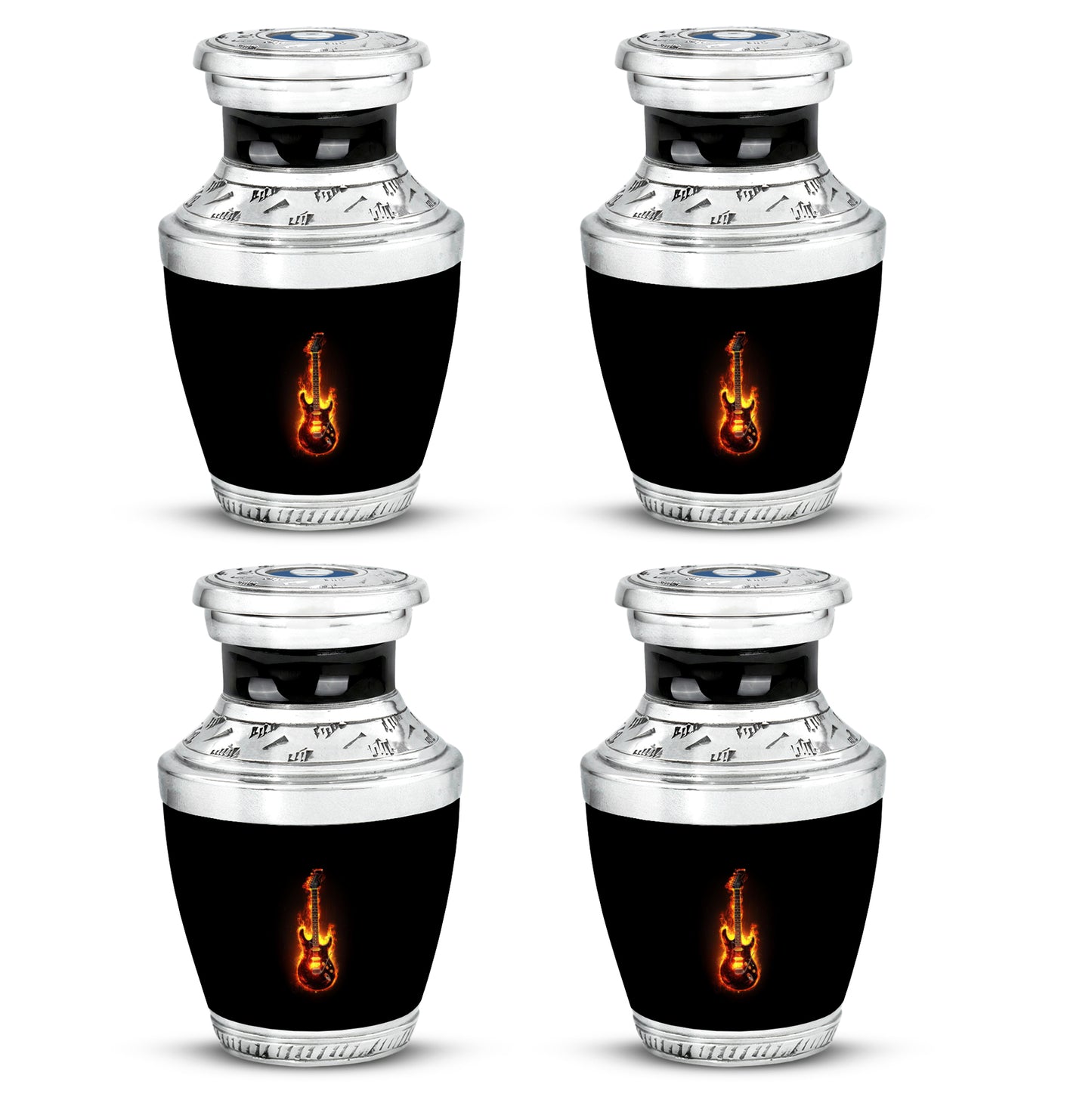 Jet Black Guitar Cremation Urn back view with polished surface - contemporary guitar design with modern artistic flair - 10 inch aluminum urn for cremated remains