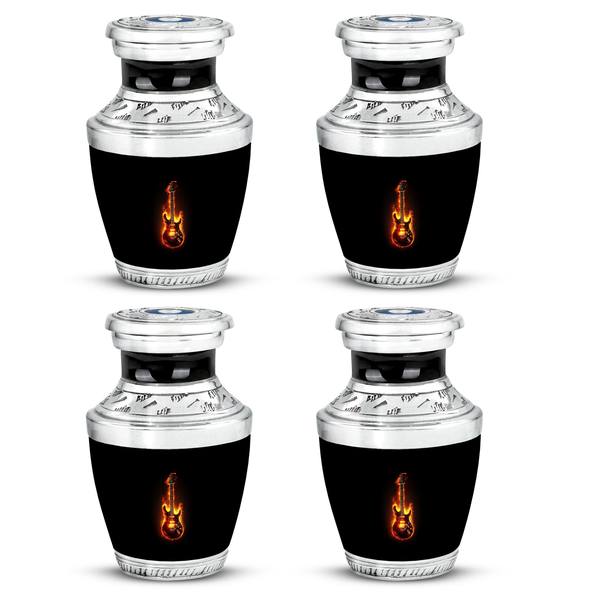 Jet Black Guitar Cremation Urn back view with polished surface - contemporary guitar design with modern artistic flair - 10 inch aluminum urn for cremated remains