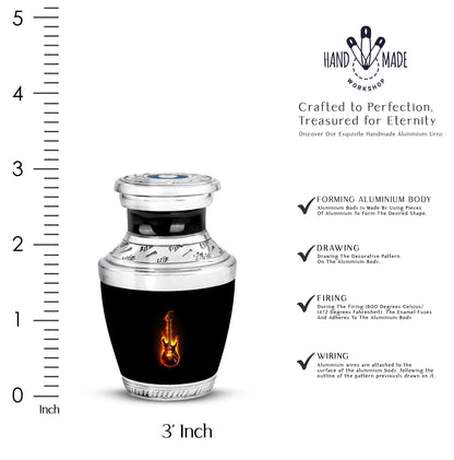 Obsidian Black Guitar Cremation Urn top-down view of secure threaded lid - artistic guitar interpretation with creative detail - mini keepsake memorial for portion of cremation ashes