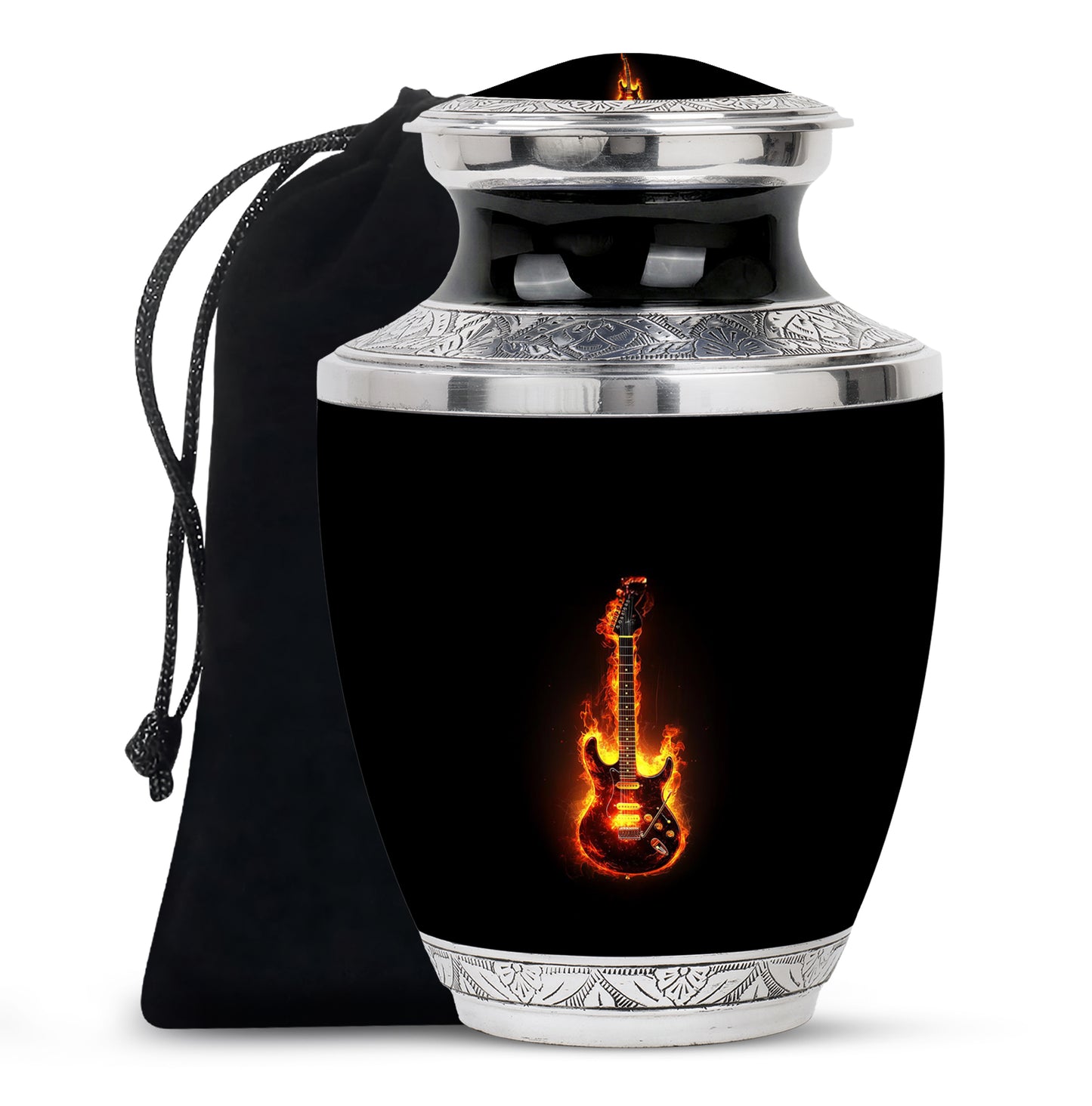 Ebony Guitar Cremation Urn side profile showing urn shape - contemporary guitar design with modern artistic flair - full-size 10 inch 200 cubic inch adult cremation urn