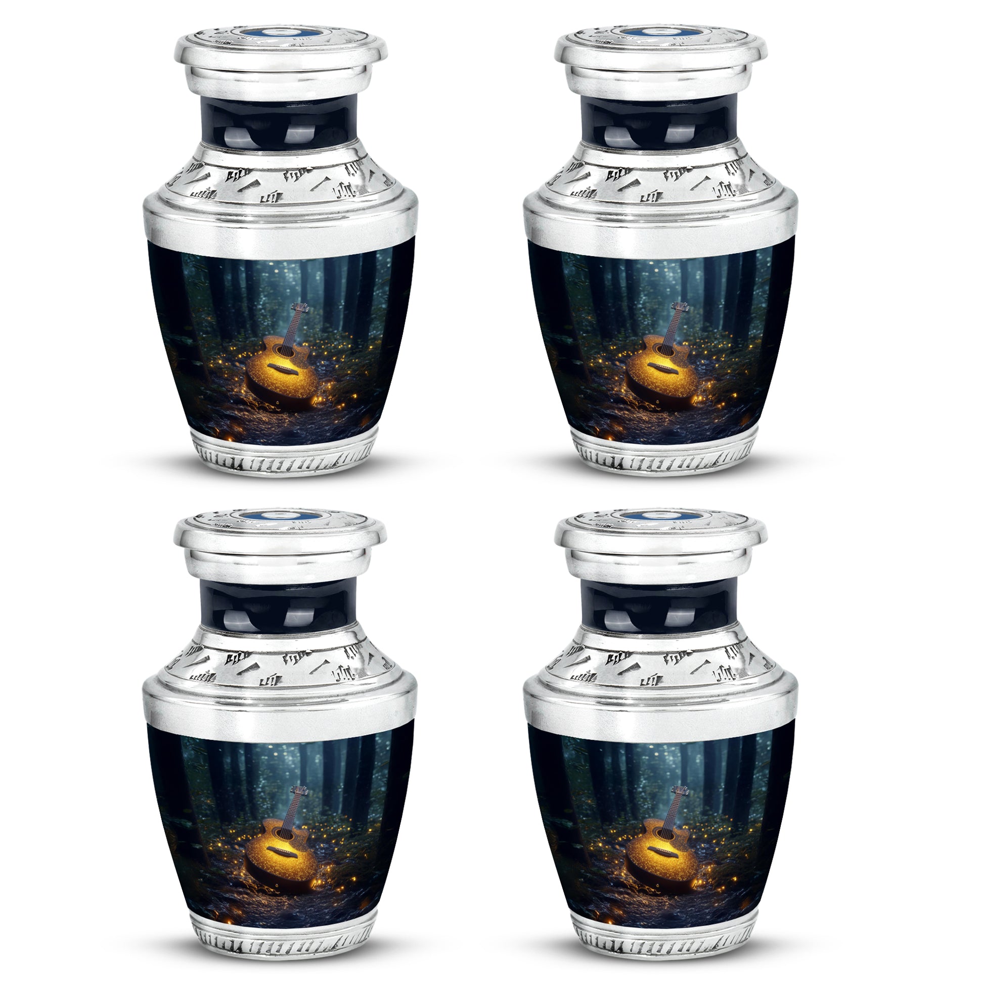 Slate Blue Guitar Cremation Urn back view with polished surface - contemporary guitar design with modern artistic flair - 10 inch aluminum urn for cremated remains